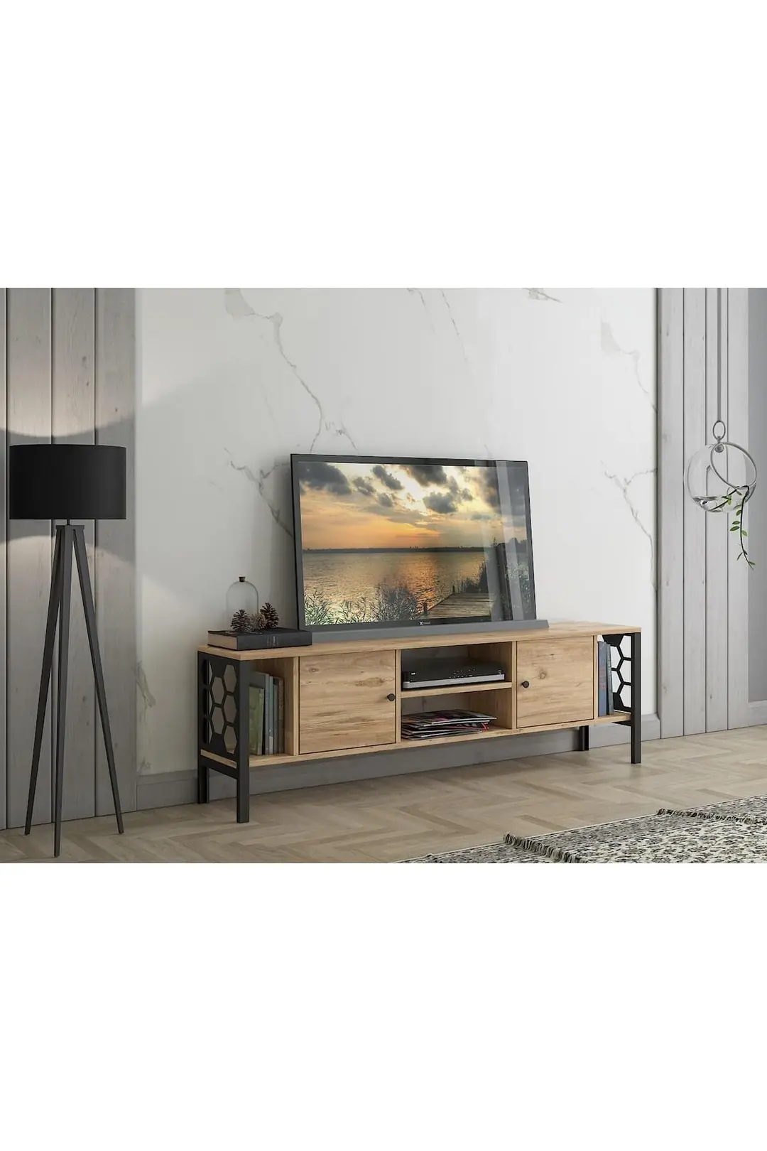 Asena 160 Cm Metal Ayaklı Tv Ünitesi - Atlantik Çam / Siyah